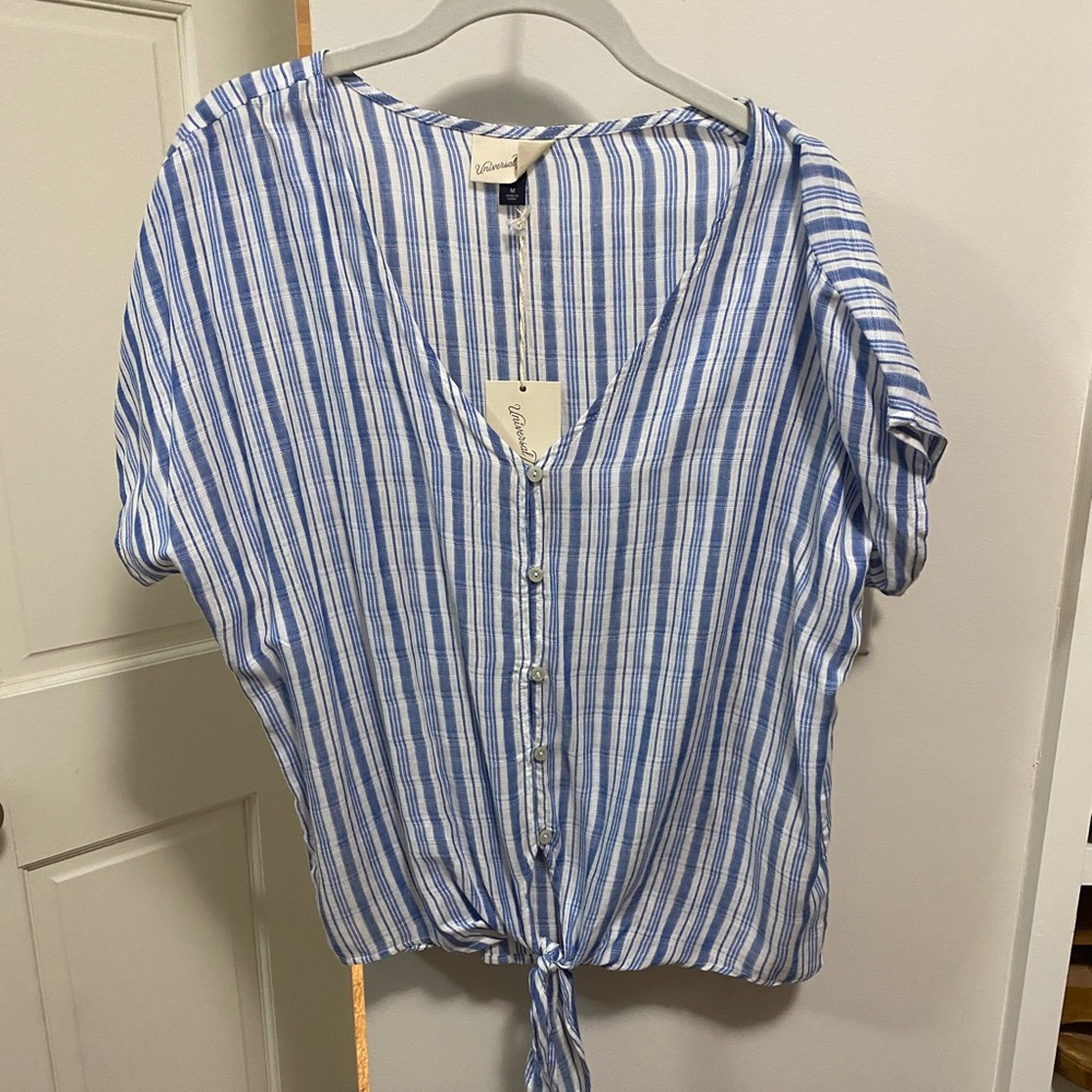 Lightweight blue and white striped top with tie waist - size Med, NWT!
